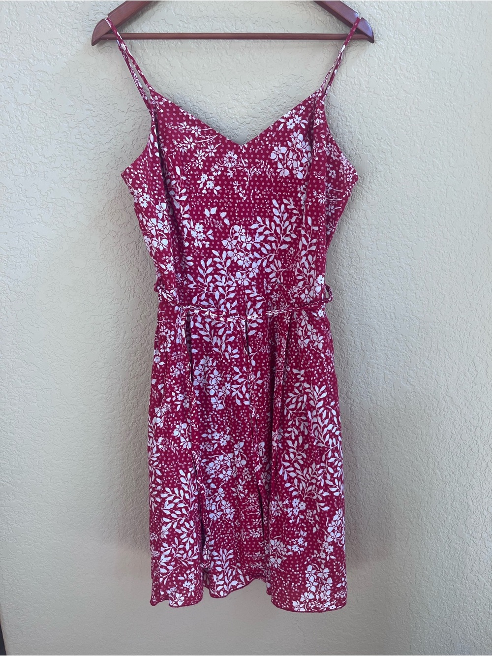 Shyanne Red and White Floral Tie-Waist Mini Dress, adjustable straps, large